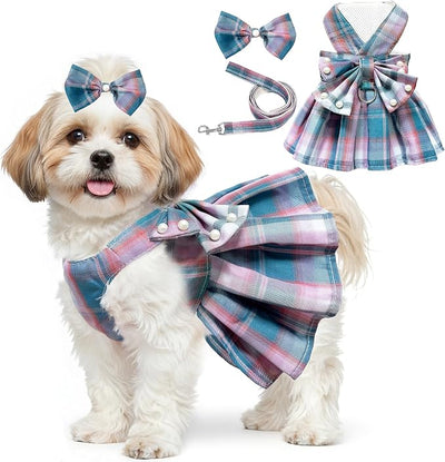 Dog Dress Bowknot Harness Leash Set for Small Dogs Girl Cute Plaid Dog Dress Pearls Bow Tie Spring Summer Princess Clothes Birthday Holiday Doggie Outfits for Puppy Cats Girl (Lake Blue, Large)