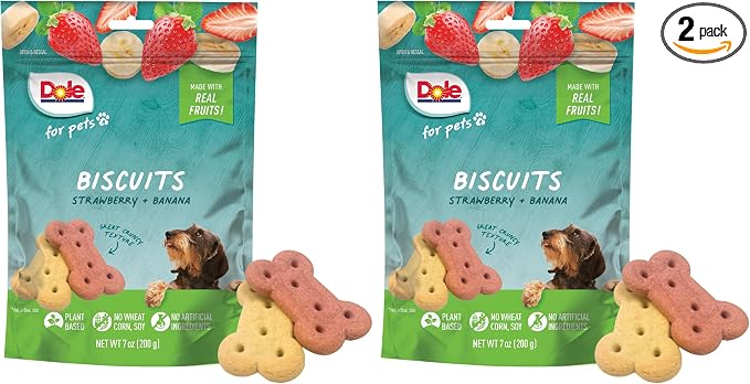 Dole for Pets Dog Biscuits Assorted Banana + Strawberry Mix, Real Fruit Flavor Vegan Crunchy Treats, No Wheat Corn Soy or Artificial Additives, Bite Size Training Snacks for Dogs, 7 Oz (Pack of 2)