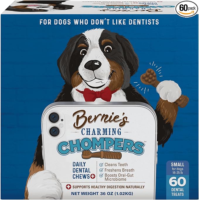 Bernie's Charming Chompers - Daily Dental Chews for Dogs - Cleans Teeth, Freshens Breath, + Boosts Oral-Gut Microbiome. Easy to Digest, Supports Healthy Digestion Naturally (36 oz, Small Dogs)