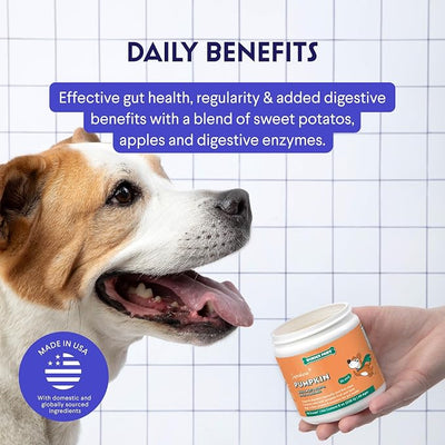 WONDER PAWS Organic Pumpkin for Dogs – with Apple, Sweet Potato & Enzymes – Supports Digestion, Stool & Gut Health – Use as Fiber Topper or Mix with Water for Pumpkin Puree (Pack of 2)