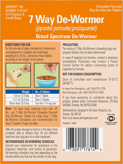 WORM X PLUS 7 Way De-Wormer Chewables for Dogs - Tablets for Small Dogs & Puppies (6-25 lbs) (pyrantel pamoate/praziquantel), 6 Count