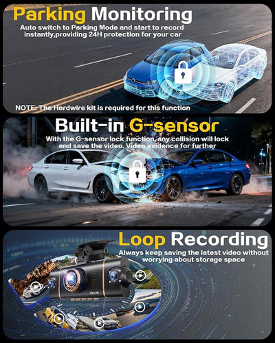 4 Channel 360° Dash Cam Front Rear Inside and Left Right, 4K+1080P*3 FHD Car Camera, 5GHz WiFi and App Control, 24H Parking Mode, 8 IR Lamps Night Vision, Includes 64GB SD Card, Black