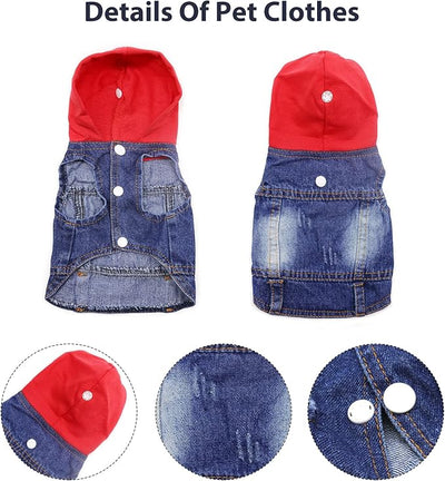 SILD Pet Clothes Dog Jeans Jacket Cool Blue Denim Coat Small Medium Dogs Lapel Vests Classic Hoodies Puppy Blue Vintage Washed Clothes (Red,XS)