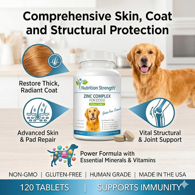 Zinc for Dogs to Support Healthy Skin & Coat, Promote Normal Growth, Balanced Immune Function & Cellular Metabolism, with Biotin, Folate, Selenium & Vitamin E, 120 Chewable Tablets