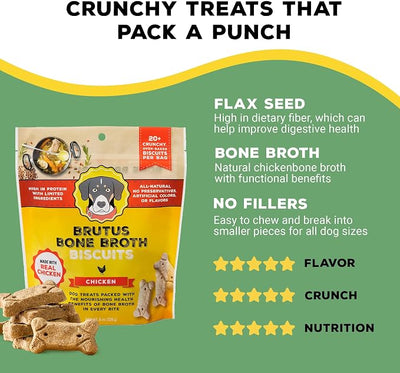 Brutus Bone Broth Biscuits for Dogs - Protein-Rich Dog Treats with Bone Broth and Real Chicken Meat - All Natural and Tasty - 8oz, Pack of 2, Chicken Flavor