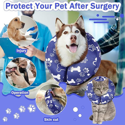 Recovery Donut Collar for Dogs & Cat,Inflatable Dog Cone Collar Alternative After Surgery,Soft Cone for Large Medium Small Dog,Adjustable Pet Neck Donut(Darkblue Bone,Medium+