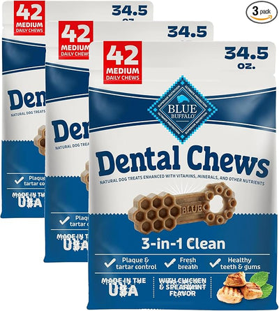 Blue Buffalo Dental Chews Medium Natural Dog Treats, Chicken & Spearmint 34.5-oz Bag 42 Count (Pack of 3)