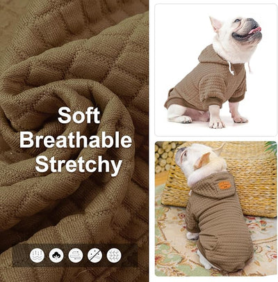 BEAUTYZOO Small Dog Hoodie Sweater with Pockets, Dog Clothes for Small Medium Dogs Boy Girl, Waffle-Like Laminated Cotton Pet Coats with Hat and Leash Hole, Khaki ML