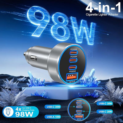 USB C Car Charger, Bangfun 98W Super Fast Charging Cigarette Lighter Adapter Multiport 12V-24V USB Phone Car Charger Plug for iPhone 17 17e 16 15 14 13 12 Pro Max Pad Galaxy Pixel Android(Gray)