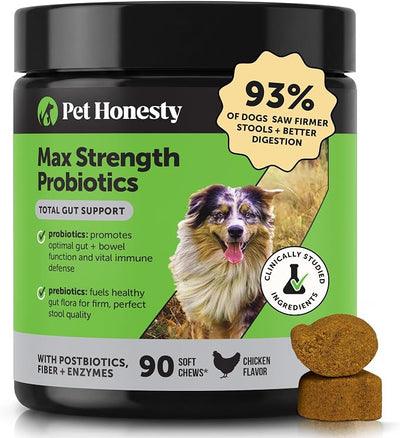 Max Strength Probiotics for Dogs Digestive Enzymes - Advanced Gut Health Supplement for Occasional Diarrhea, Gas + Sensitive Stomach - Prebiotics Postbiotics Fiber for Firm Stools (Chicken, 90 Ct)