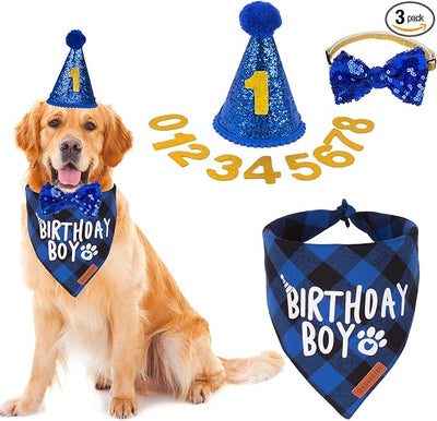 ADOGGYGO Dog Birthday Party Supplies, Multi Size Offered, Blue Dog Birthday Hat Bandana Numbers Bow Set for Large X-Large Dogs Pets (X-Large)