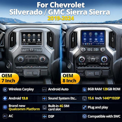 AuCar 836 Android 13 15.6 Inch Touch Screen Car Radio for GMC Sierra Chevrolet Silverado 2019-2025 Head Unit Wireless Carplay Android Auto Multimedia GPS Navigation, 128GB, US 1 Yr Service