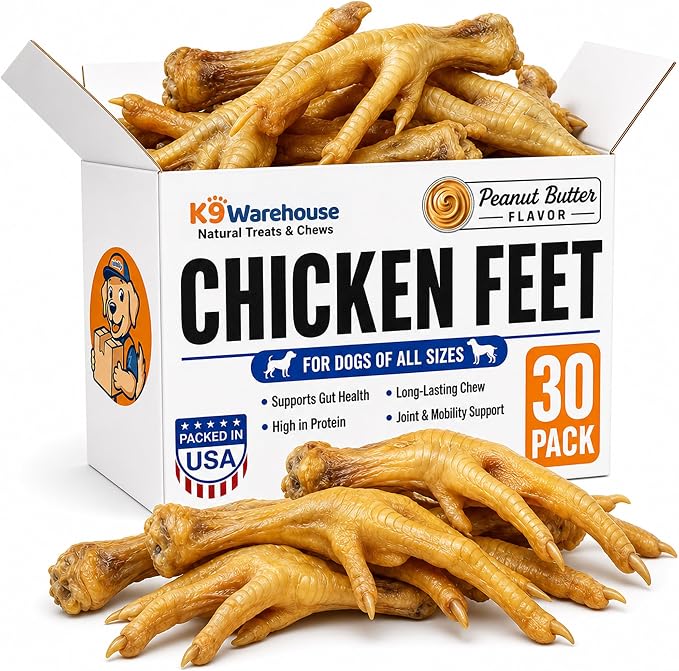 K9warehouse Chicken Feet Dog Treats Peanut Butter Flavored - Dehydrated Chicken Feet for Dogs - Natural, Healthy Chew Snacks - Ideal for Dental Health - Protein Rich - Packed in USA - 30 Count