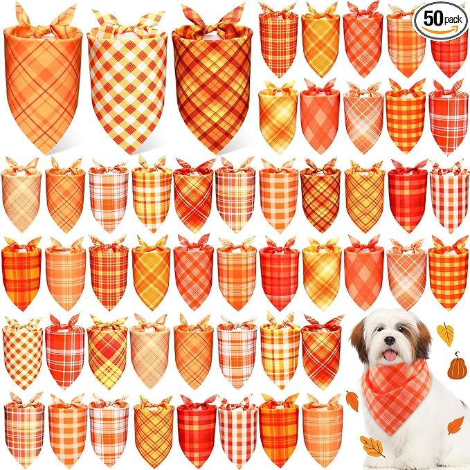 Abbylike 50 Pcs Fall Plaid Dog Bandanas Bulk Autumn Gingham Bandanas for Dogs Triangle Kerchief Bib Scarf for Pet Thanksgiving Party Costume Photo Props Accessories, 25 Styles(19.7 x 13.8 x 13.8)