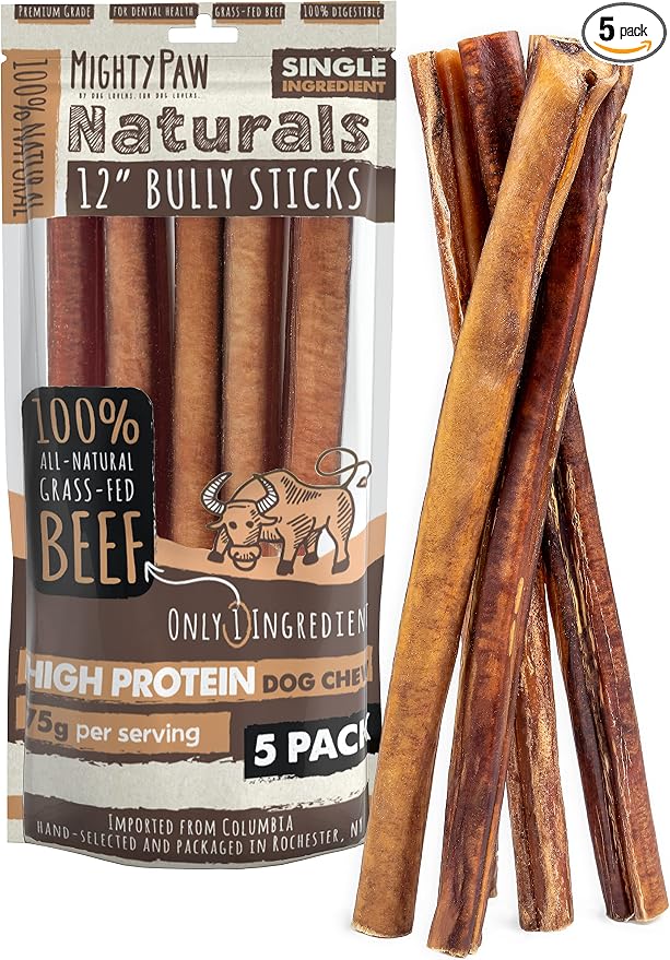 Mighty Paw Naturals Bully Sticks for Dogs - Grass Fed Beef Chews. Dog Bully Sticks for Large Pets, Medium and Small Breeds. Lower Odor Treats for Small Pets. Single Ingredient (12" - 5 Pack)