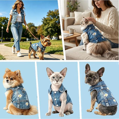 Denim Vest Jacket for Small Medium Dog Clothes Jean Apparel Cute Outfit for Dog Cat Girls Boys Puppy Costume Dog Harness Dress Shirt Chihuahua Yorkie (Many Daisy with D Ring, Medium)