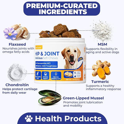Hip & Joint Supplement for Dogs, Hip and Joint Chews Support Mobility, Senior Small All Breed Pain Relief with Glucosamine Chondroitin MSM Turmeric Green Lipped Mussel, Chicken Flavor, 15 Ct