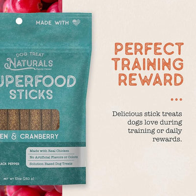 Dog Treat Naturals Superfood Sticks, Chicken & Cranberry, 10oz Bag | Dog Chew Sticks | All-Natural, Pet Training Treats | Joint-Skin-Coat Health | USA Made