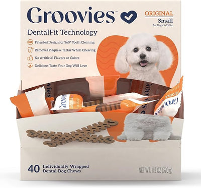 Groovies Dog Dental Treats, Flexible Yet Effective, Patented DentalFit Technology to Help Control Tartar & Freshen Breath, Small Dog Chews (5-15 lbs), USA Manufactured Oral Care, 40 Count