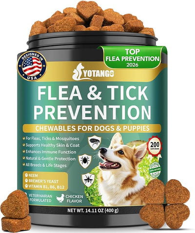YOTANGO Flea and Tick Prevention for Dogs Chewable, 200 Soft Treats Natural Dog Flea and Tick Treatment Chewable, Oral Flea Supplement Chews, Skin & Coat Support for Dogs Puppies - All Breeds & Ages