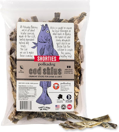 Polkadog Cod Skins for Dogs (12oz Shortie) - Single Ingredient, Wild-Caught Fish Skin Natural Dog Treat Chews. High in Lean Protein & Omega 3. Hypoallergenic, Grain Free. Handcrafted & Made in USA