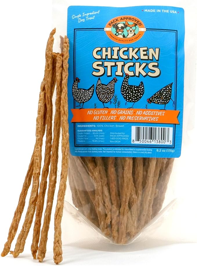 Pack Approved Chicken Sticks for Dogs - Dehydrated Chicken Jerky Treats. Single Ingredient Made and Sourced in America - High Protein, Low Fat - Crunchy Treat Sticks - 6.2oz