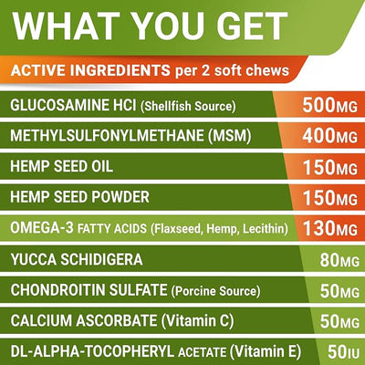 Large Breed Hemp + Glucosamine Dog Joint Supplement - Hemp Chews for Dogs Hip Joint Pain Relief - Omega 3, Chondroitin, MSM - Advanced Mobility Hemp Oil Treats for Large Dogs - Made in USA - 240 Ct