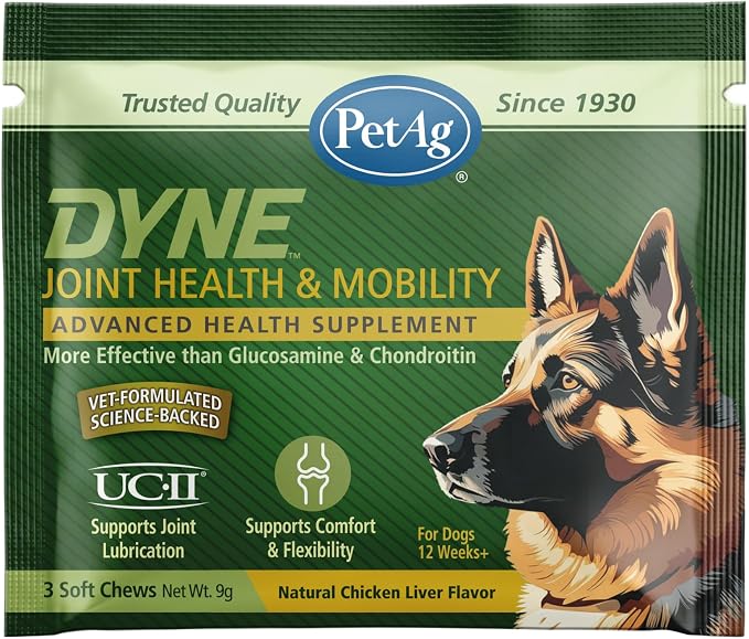 PetAg Dyne Soft Chews Sample, Joint Health & Mobility Supplement - Vet-Formulated for Dogs - with UC-II® Collagen - Up to 4X More Effective Than Glucosamine/Chondroitin - 3 Chicken Liver Flavor Chews