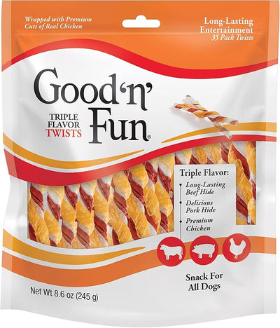 Good 'n' Fun Twists Long-Lasting Dog Treat, With Real Proteins, Beef Hide and Premium Chicken, Supports Dental Health, Mental Stimulation, 35 count