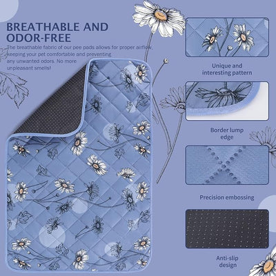 IEUUMLER Washable Pee Pads for Dogs, 1 Pack Non-Slip & Waterproof Pack Whelping Pad, Reusable Washable Puppy Potty Training Pad with Fast Absorbent for Playpen EU007 (Gray Blue Daisy, 48"X48"-1pcs)
