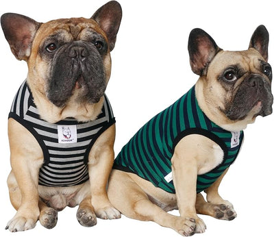 iChoue 2pcs French Bulldog Striped Shirts 100% Breathable Cotton Tank Tops Vests Clothes for Frenchie Dogs, Black and Green Stripes, Medium
