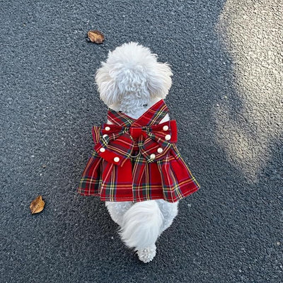 1 Pcs Cute Dog Dress Puppy Clothes with Bownot for Female Girl Small Dogs Outfits Harness for Outdoor Walking Birthday Party Red Plaid Skirt L