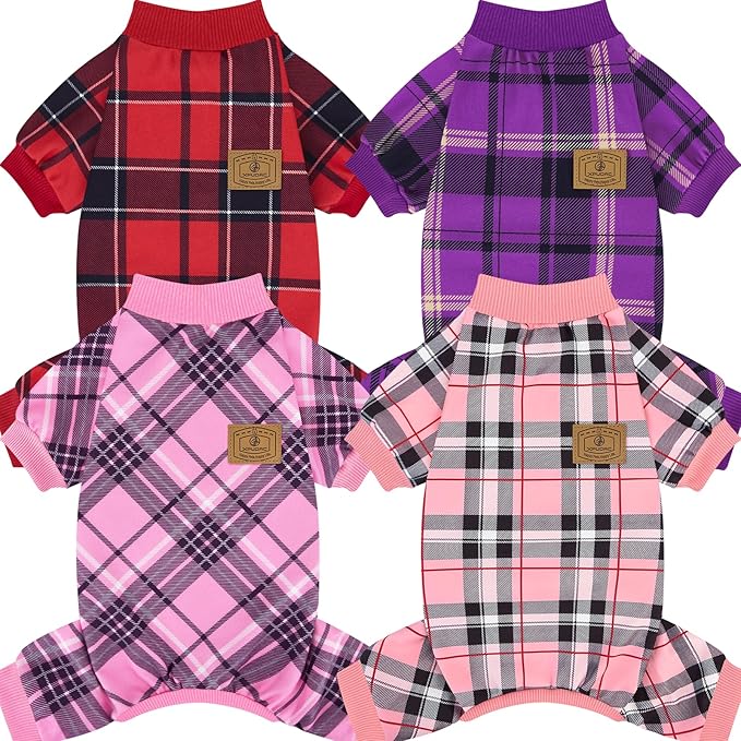 XPUDAC 4 Pack Plaid Dog Pajamas Outfits Cozy Doggy Clothes for Small Medium Dogs Girl Boy Puppy Onesie for Christmas Pet Pjs Jammies, XS