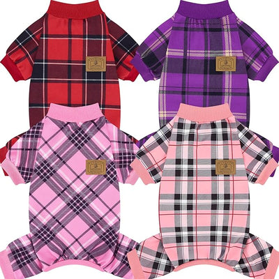 XPUDAC 4 Pack Plaid Dog Pajamas Outfits Cozy Doggy Clothes for Small Medium Dogs Girl Boy Puppy Onesie for Christmas Pet Pjs Jammies, XS