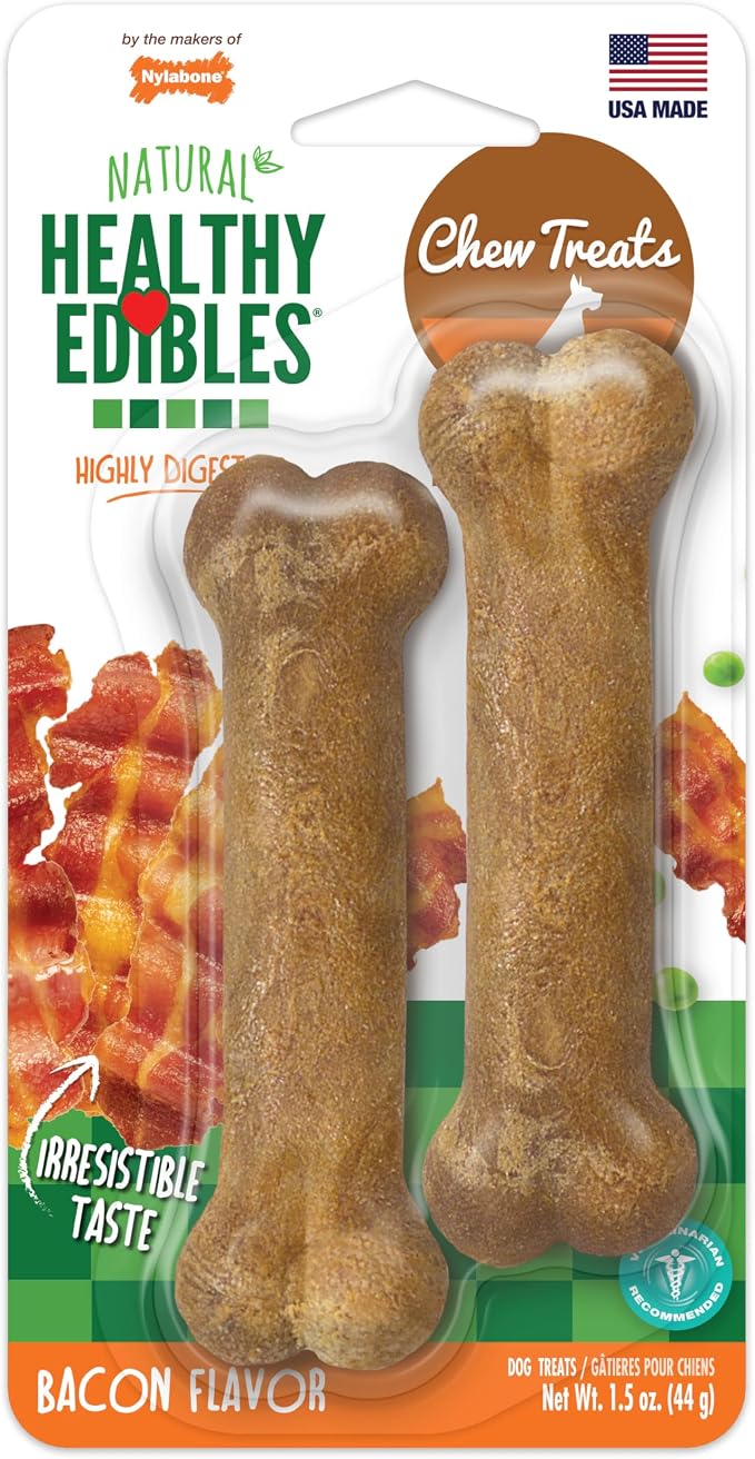Nylabone Healthy Edibles Natural Chews, Long Lasting Dog Bones, Healthy Dog Treats, Bacon Flavor, X-Small (2 Count)