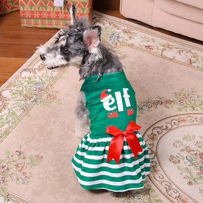 CuteBone Elf Dog Dresses Velvet Holiday Small Dogs Clothes Onesie Pet Apparel Girl Puppy Skirt with Bow Hair Rope