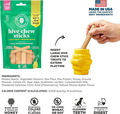 Hive Chew Sticks - Dental Treats for Dogs - Vegetarian, Made with Ground Peanuts & Honey, No Grain or Soy, Cleans Teeth & Freshens Breath (7 oz, Large Dogs - Peanut Butter)