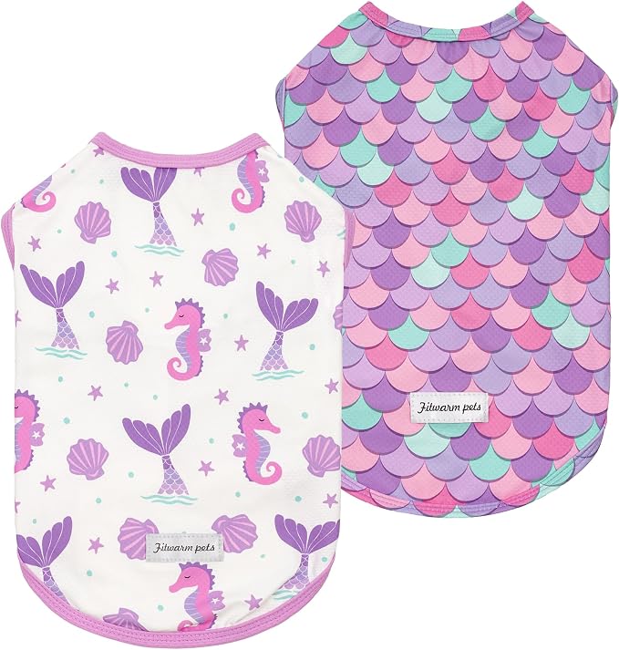 Fitwarm 2 Pack Mermaid & Scale UPF 50+ UV Sun Protection Dog Shirt, Lightweight Cooling Vest, Quick Dry Summer Clothes for Small Dogs Girl, Pet Outfit, Purple, Pink, White, XS
