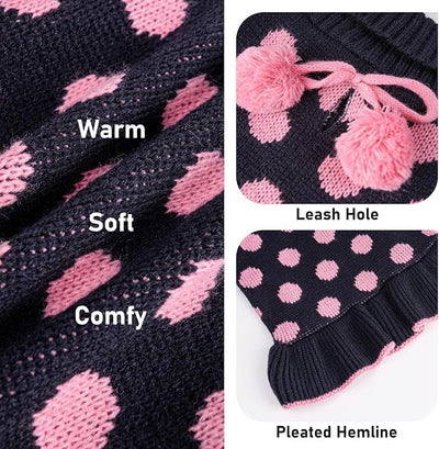 KYEESE Dog Sweaters with Leash Hole Small for Girl Dog Sweater Dress Polka Dot Knit Warm Dogs Clothes with Pom Pom Ball, XS
