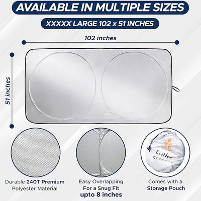 EcoNour RV Windshield Sunshade | Reflective RV Windshield Cover for UV Rays & Heat Protection, Keeps Your RV Motorhome Cool | Shades for RV Fits RVs, Trucks, Motorhomes, Buses | XXXXX-Large 102"x51"