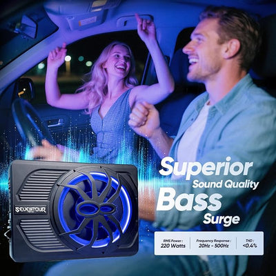 Seventour 10" Upgrade 800W Slim Under Seat Powered Car Subwoofer, Car/Truck Audio Sub Built in Amplifier amp Combo, with Blue LED Light (RGB LED Subwoofer+Installation Wire Kit)