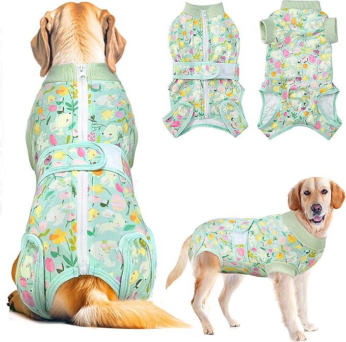 Lukovee Recovery Suit for Dogs, Zipper On Dog Surgery Suit for Female Male Dog, Onesies Bodysuit Prevent Licking Spay Abdominal Wounds Bandages E-Collar Alternative (Green, XL)