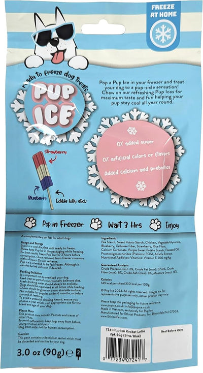 SPOT Pup Ice- Ready to Freeze at Home Dog Treats-Edible Chews for Medium Breed Dogs & Puppies with Real Chicken to Keep Your Pup Cool Year Round, Rocket Lollies Strawberry & Blueberry Flavor, 2pcs