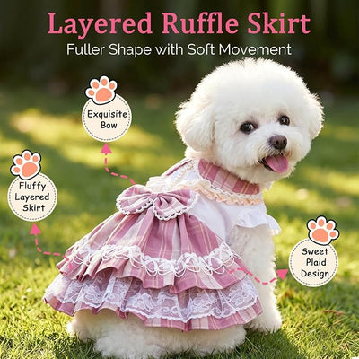 Plaid Princess Dog Dress, Multi Layered Skirt Lace Trim Design Dog Outfit, Girl Dog Clothes with Large Bow & Bow Hair Accessory for Birthday, Wedding, Party, Photoshoot (XL)