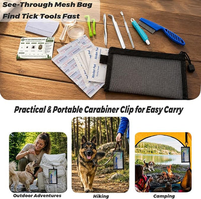 43Pcs Tick Removal Tool Set for Dogs, Cats and Pets, Stainless Steel Tick Tweezers, Tick Puller Hooks, Tick Card, Fine-Tooth Pet Comb, Magnifier and Mesh Storage Bag for Camping Hiking Outdoor Travel