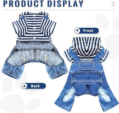 Small Dog Hoodie Clothes Cute Stripe Shirts Denim Jumpsuit One-Piece Outfit for Small Medium Dogs Cats Boy Girl Chihuahua Blue Jeans Overalls Puppy Costume (Blue,XL)