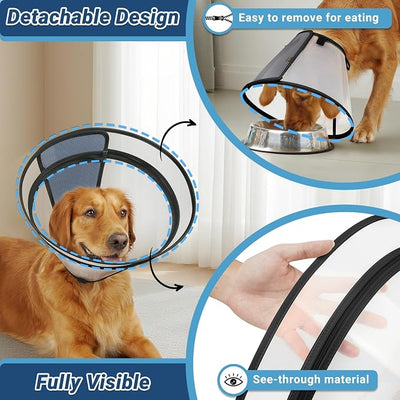 Dog Cone to Stop Licking, Clear Recovery Collar with Detachable Zipper, Sturdy Elizabethan Collar for Large Medium Small Dogs, Soft Adjustable Cone After Surgery Patented, Black S
