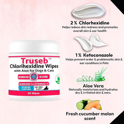 Pet Health Pharma Truseb Topical Ketoconazole and Chlorhexidine Wipes for Dogs, Cats and Horses - with Aloe for Cleansing - 50 Count (Ketoconazole & Chlorhexidine Wipes, 50 Count)