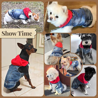 Cool Dog Jean Jacket Vest with D-Ring Blue Denim Dogs Hoodies Outfits for Small Medium Dogs Cats Boy Male Dog Clothes Costume Dogggie Puppy Harness Coat for Frenchie Walking(Red Hat,XS)