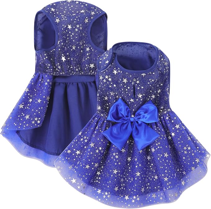 ASENKU Dog Dress Pet Wedding Dress Princess Lace Puppy Birthday Party Outfit Formal Apparel Girl for Small Medium Dogs Cats (2XL, Navy Star)